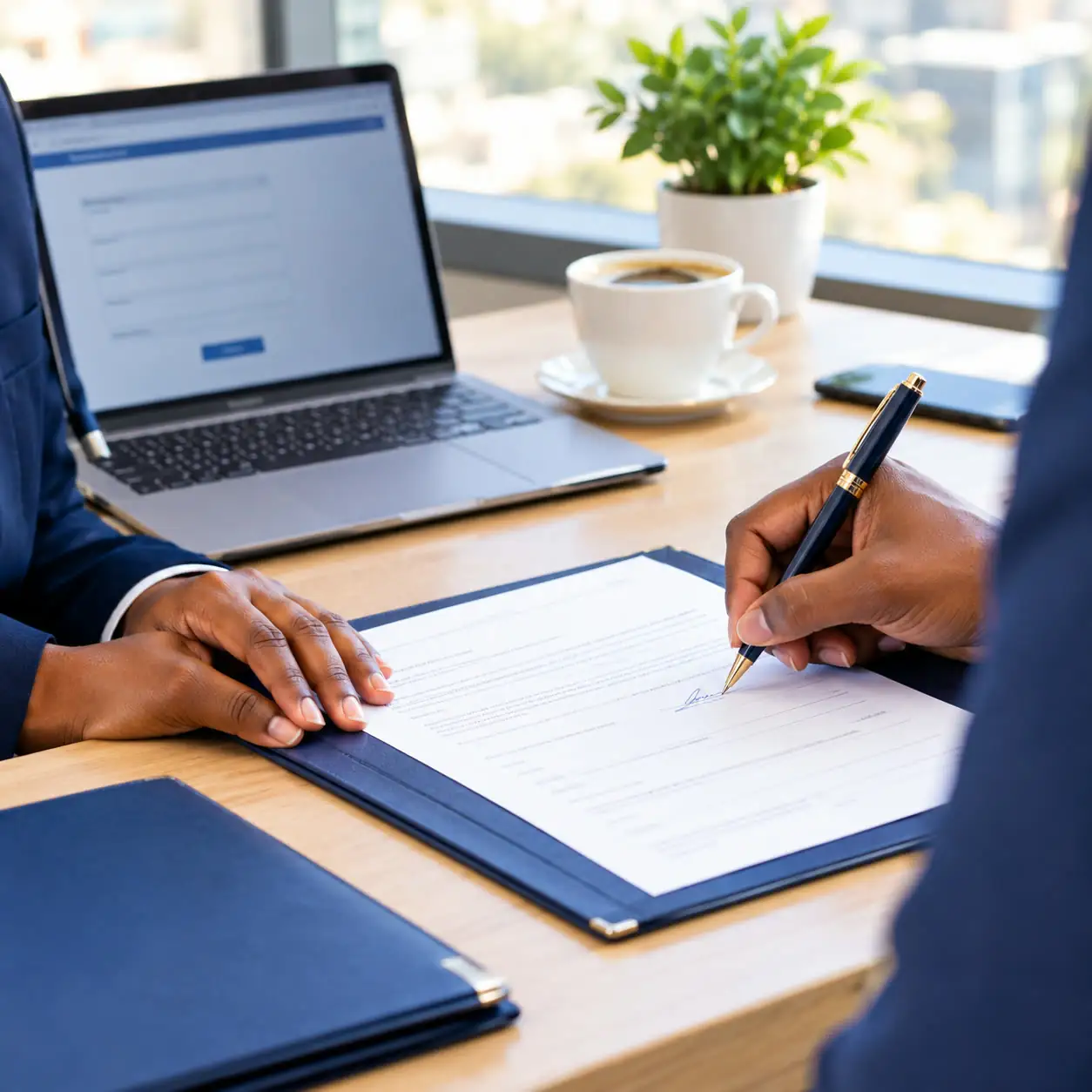 An employer signing a service registration form at a desk